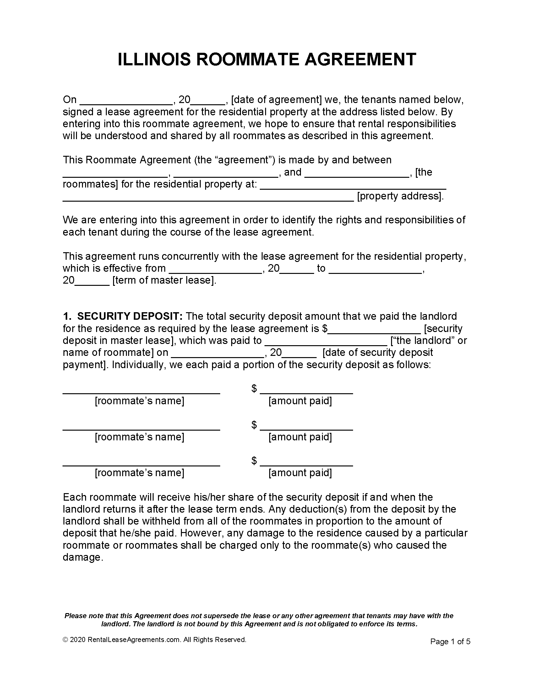 Free Illinois Roommate Agreement PDF MS Word