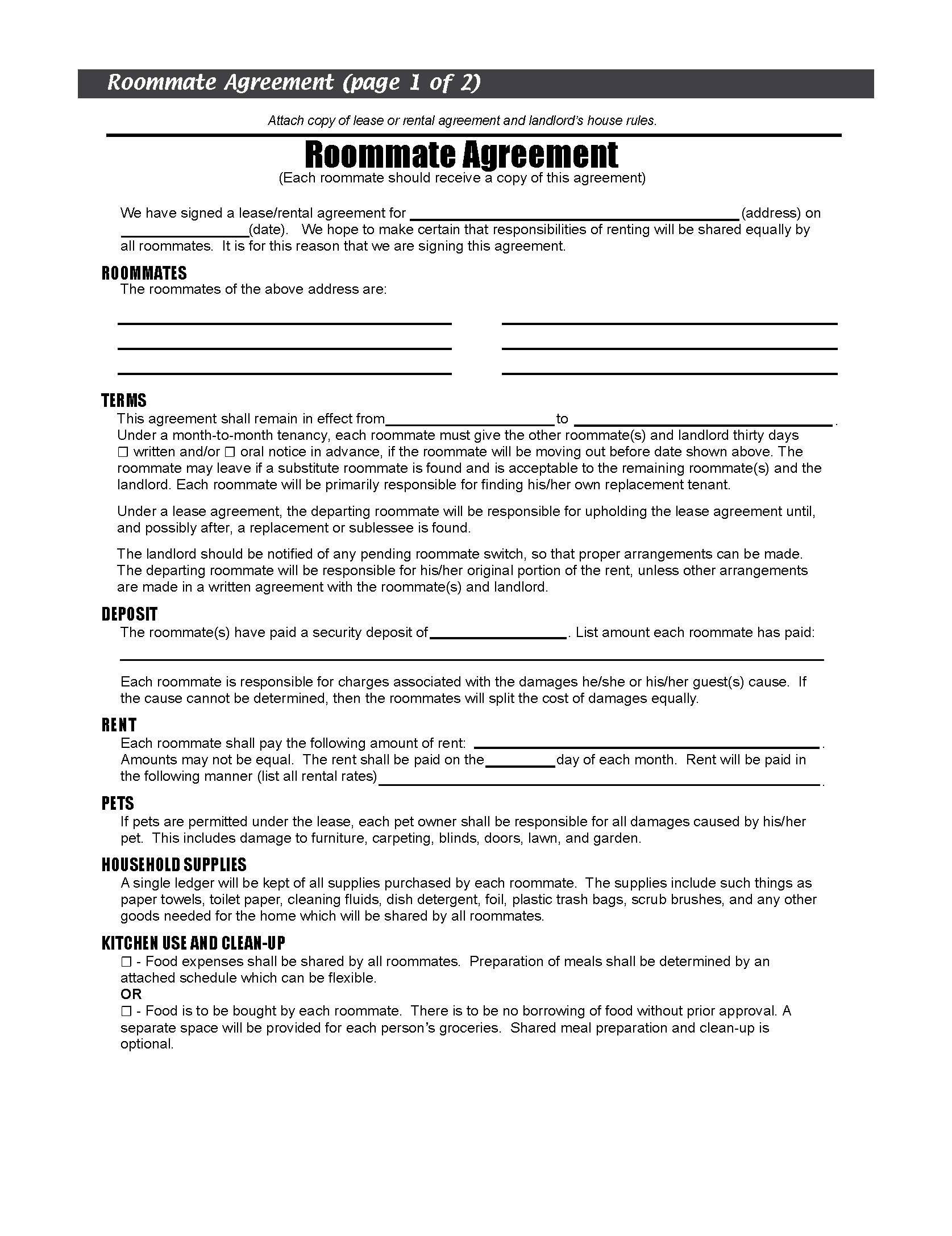 Free Michigan Roommate Agreement  PDF With Regard To commercial kitchen rental agreement template
