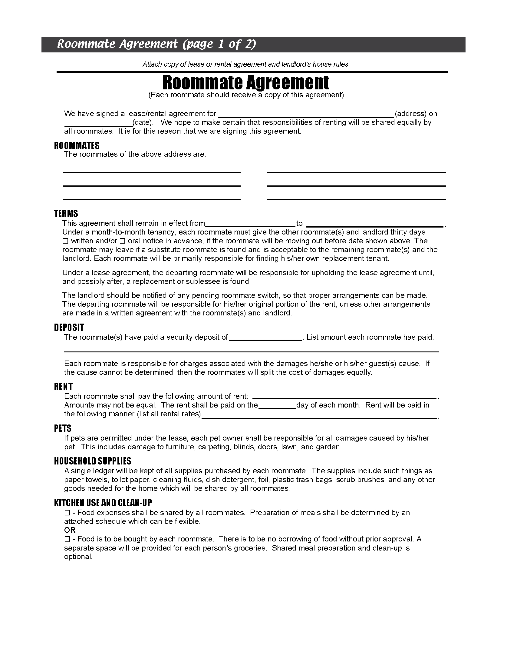 roommate agreement template free