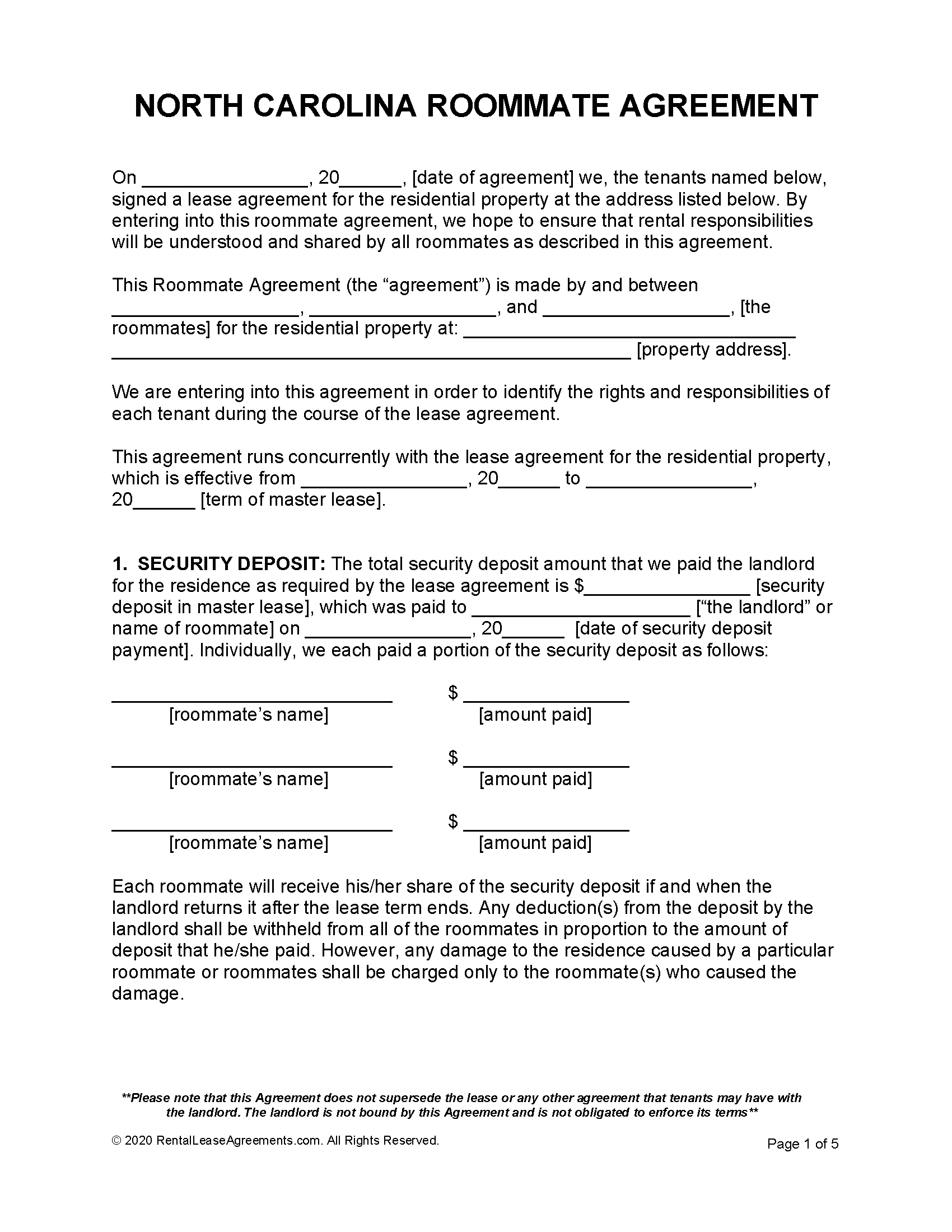 free north carolina roommate agreement pdf ms word