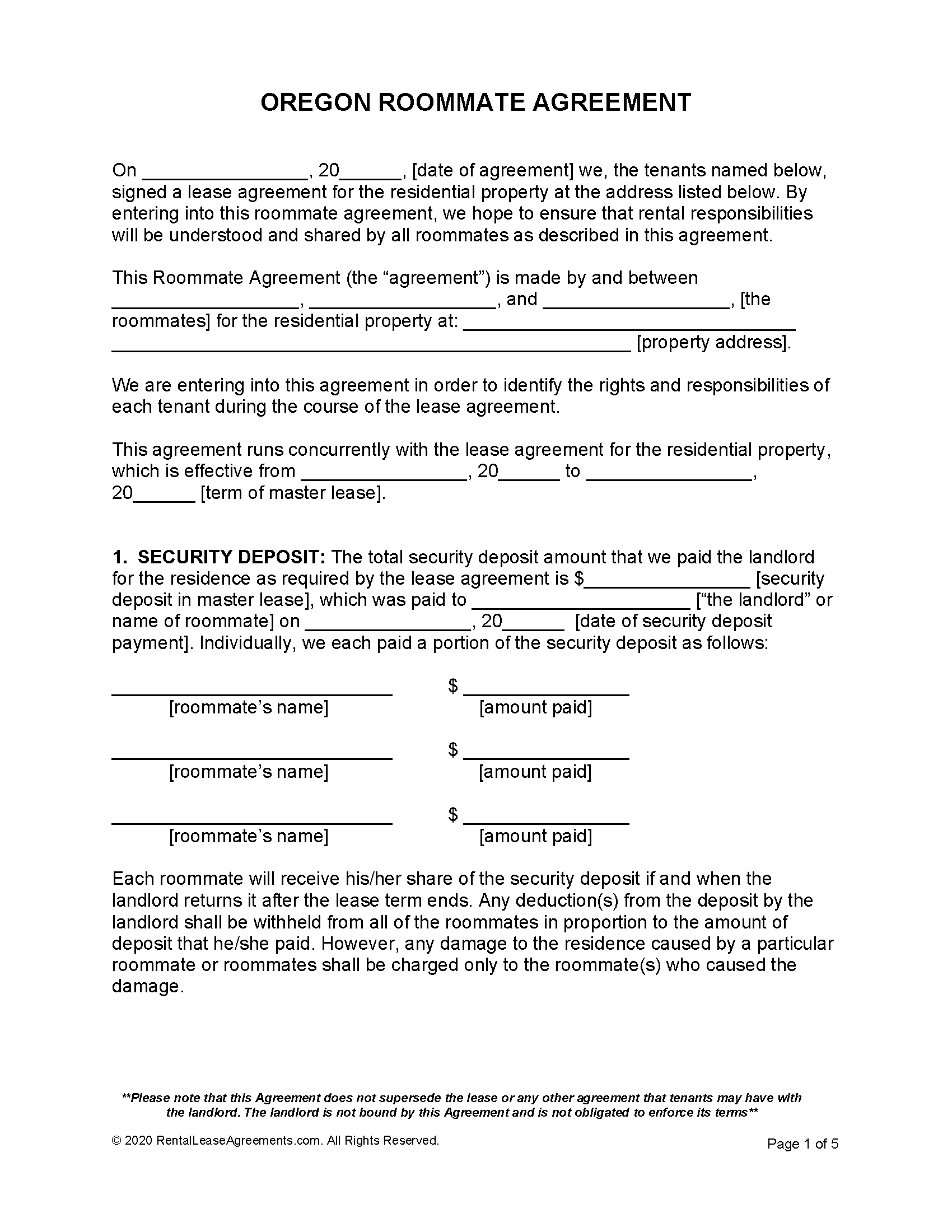 Free Oregon Roommate Agreement PDF MS Word