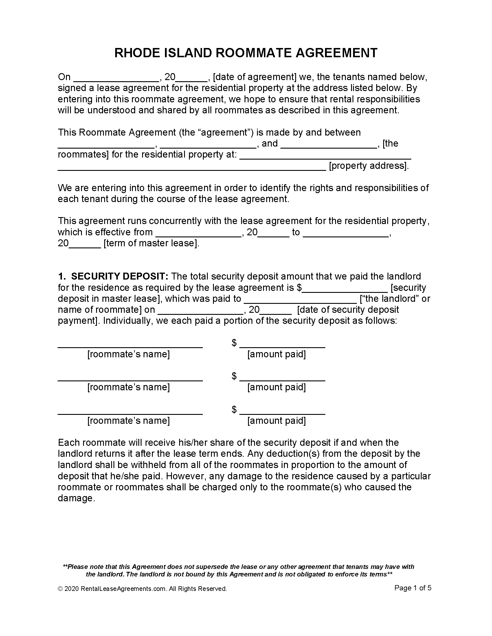 Free Rhode Island Roommate Agreement PDF MS Word