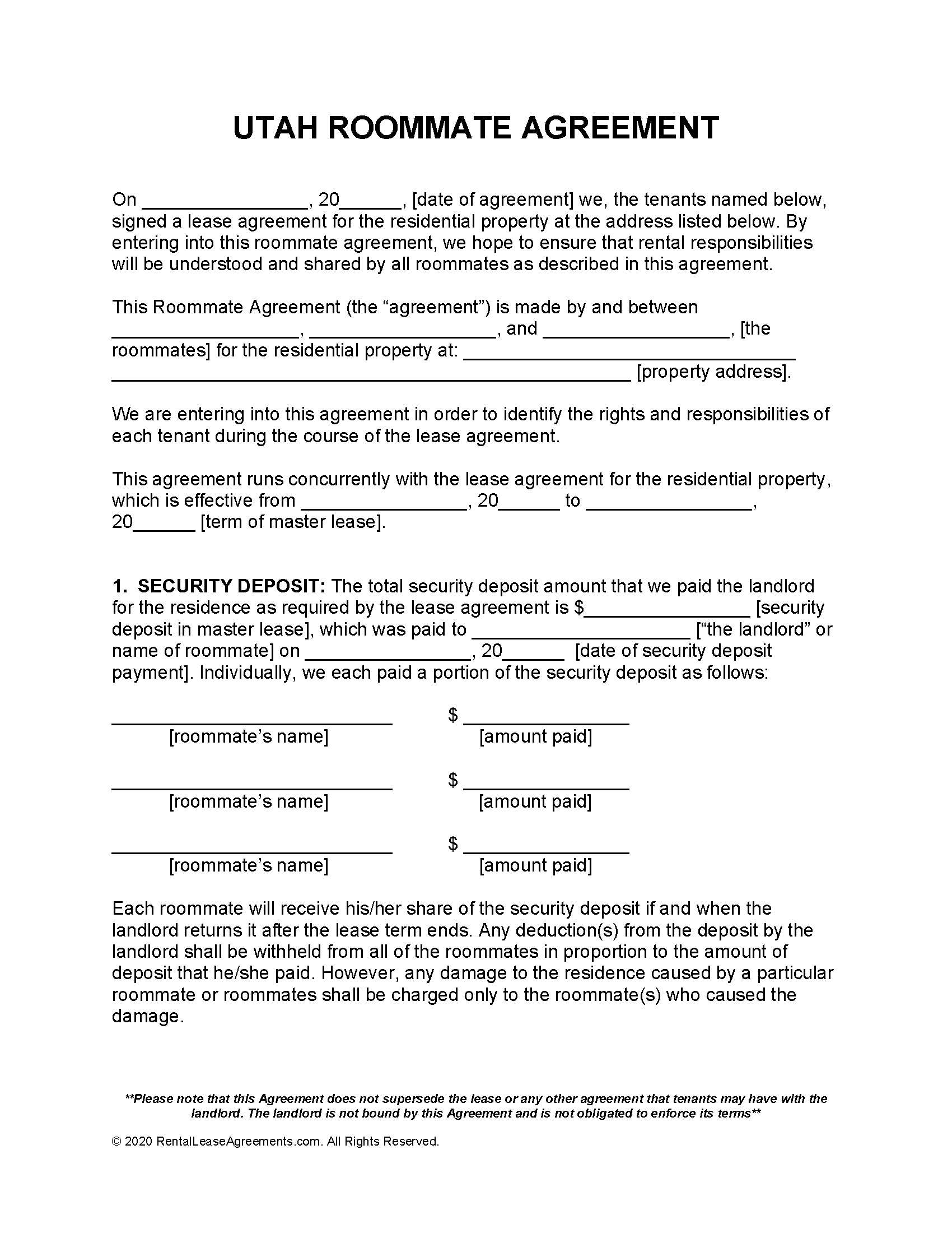 Free Utah Roommate Agreement PDF MS Word