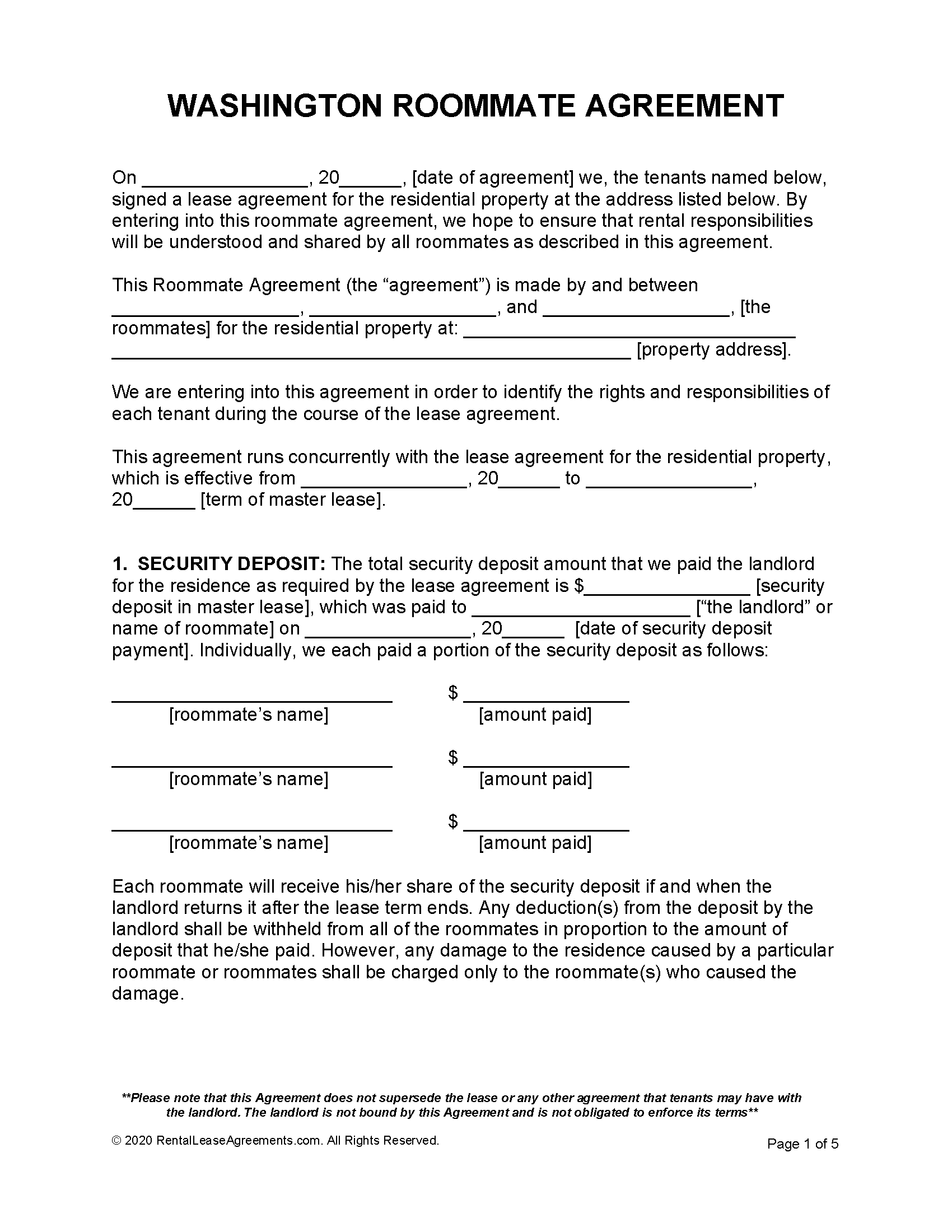 Roommate Contract Template Word