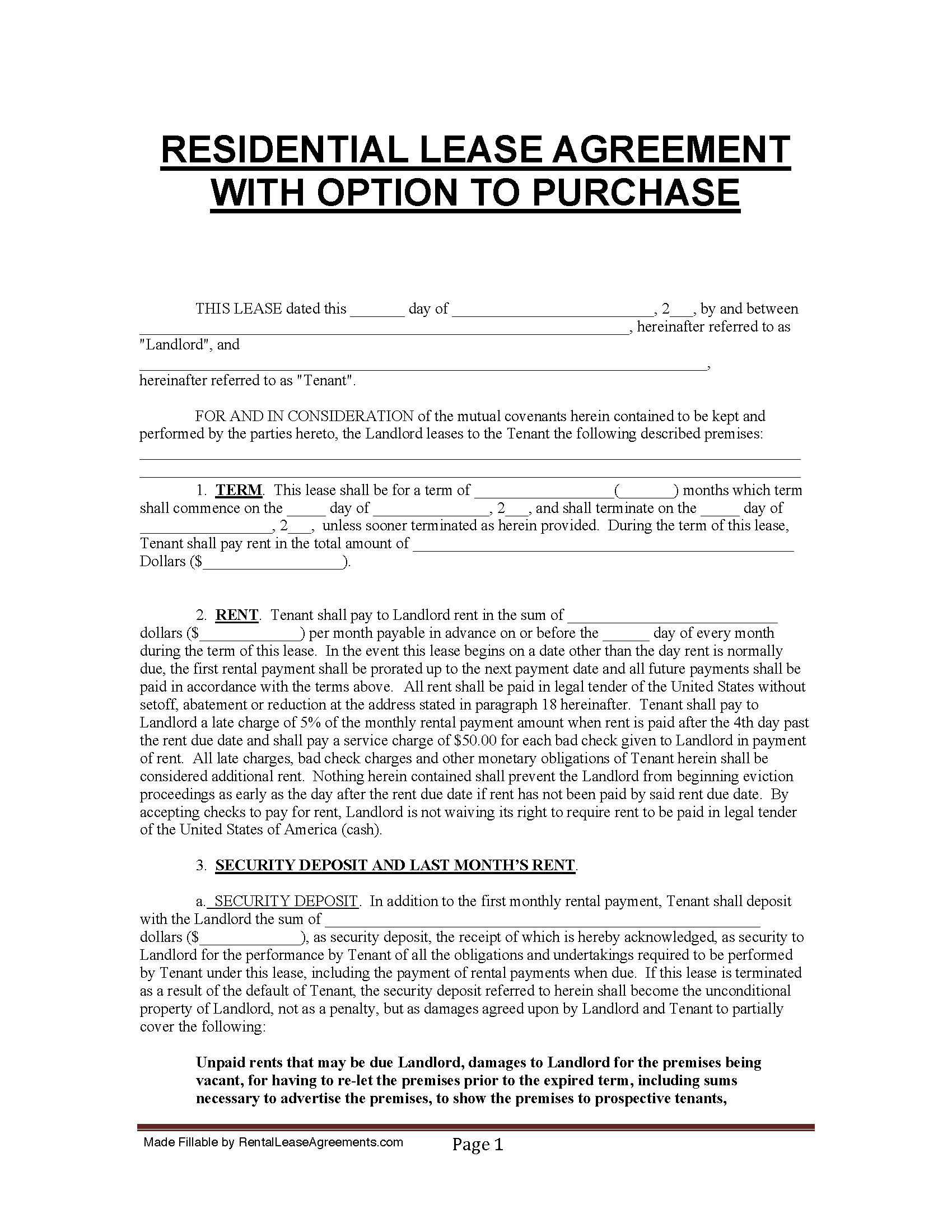 Free Florida Lease Agreement with Option to Purchase  PDF Regarding free rent to own agreement template