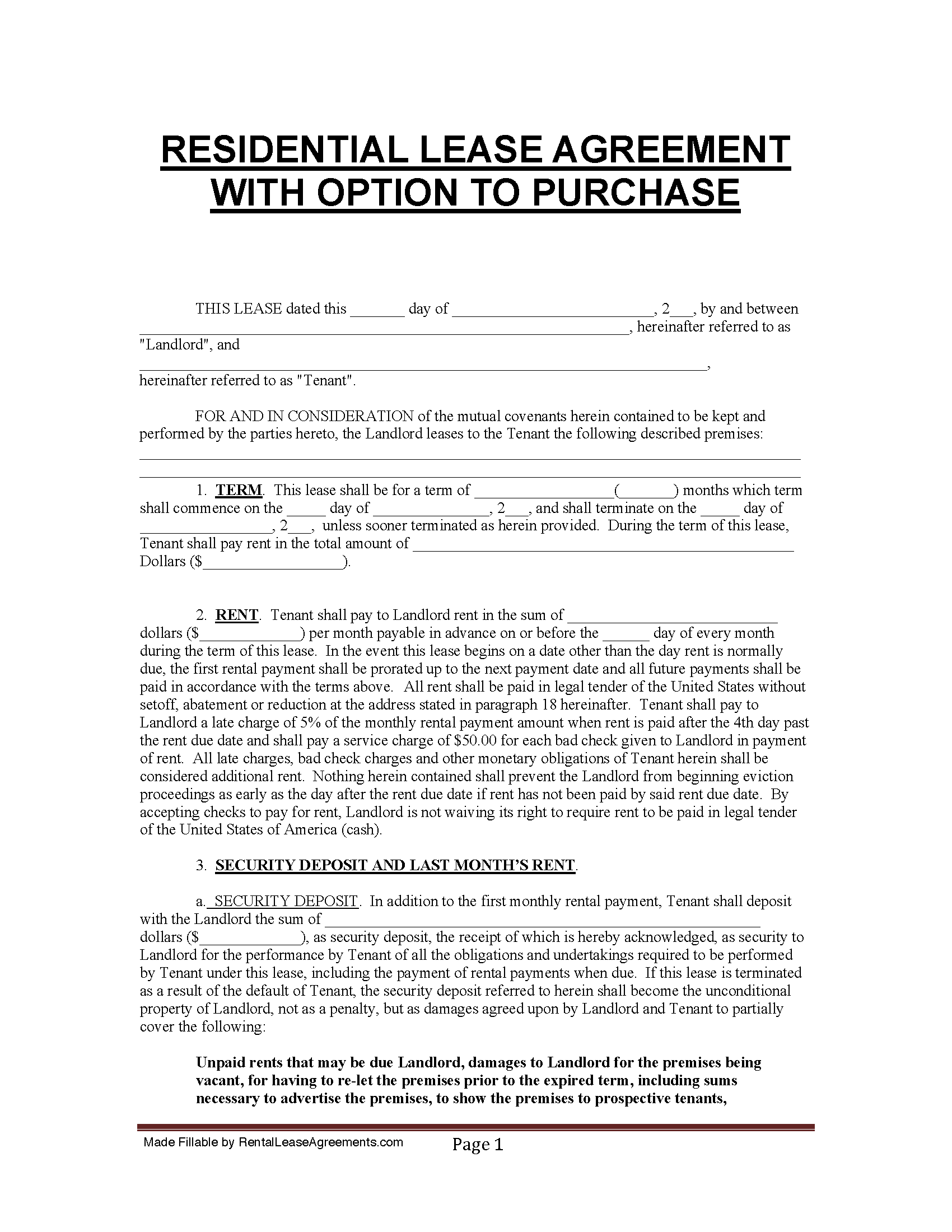 Free Florida Lease Agreement With Option To Purchase PDF