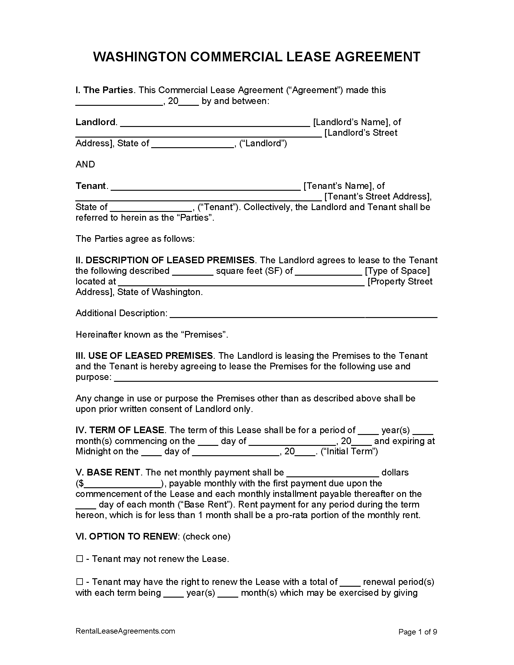 Free Washington Commercial Lease Agreement PDF MS Word