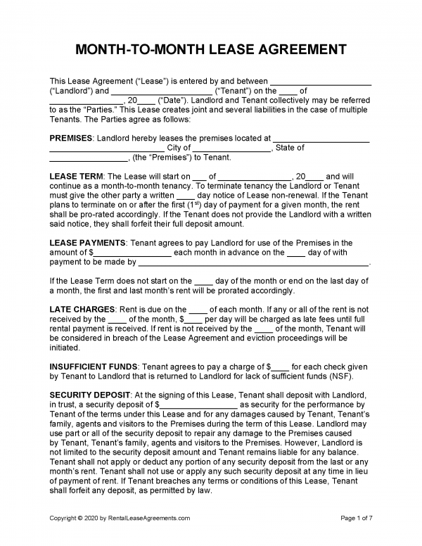 Free Printable Month To Month Rental Agreement Template