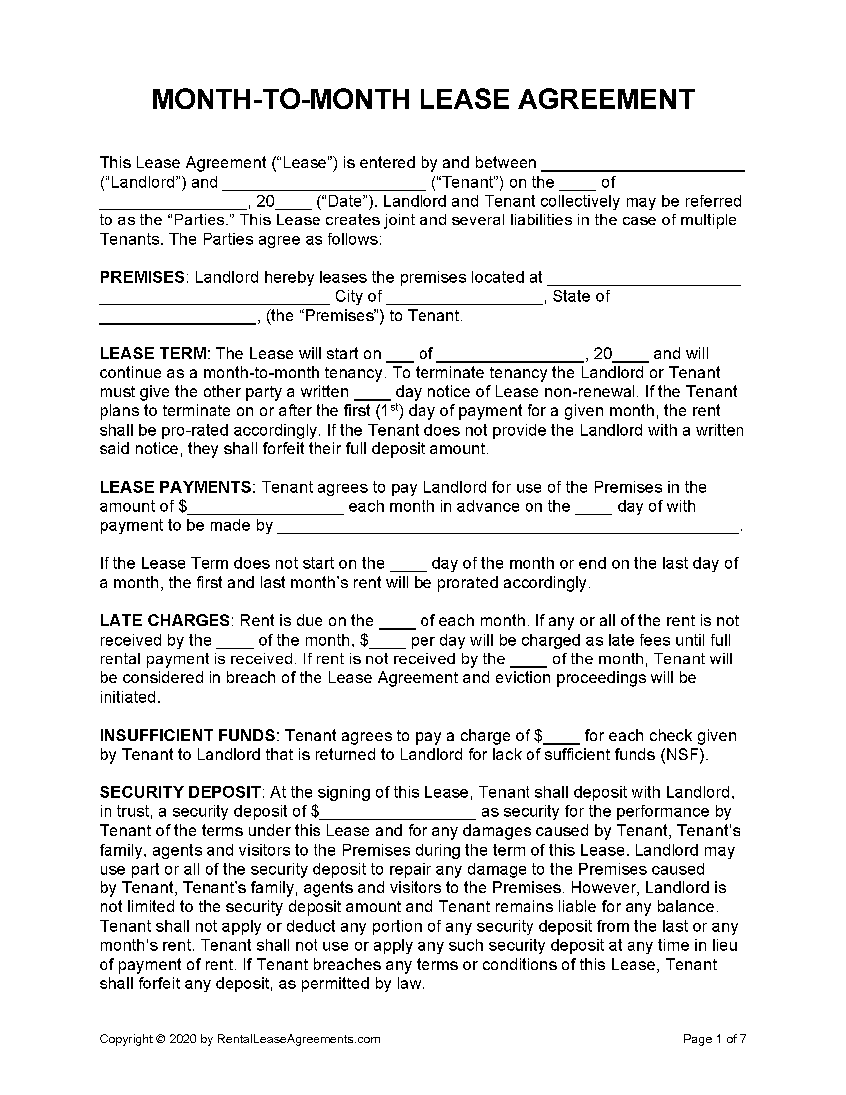 Free Simple One Page Month To Month Rental Agreement Printable Form