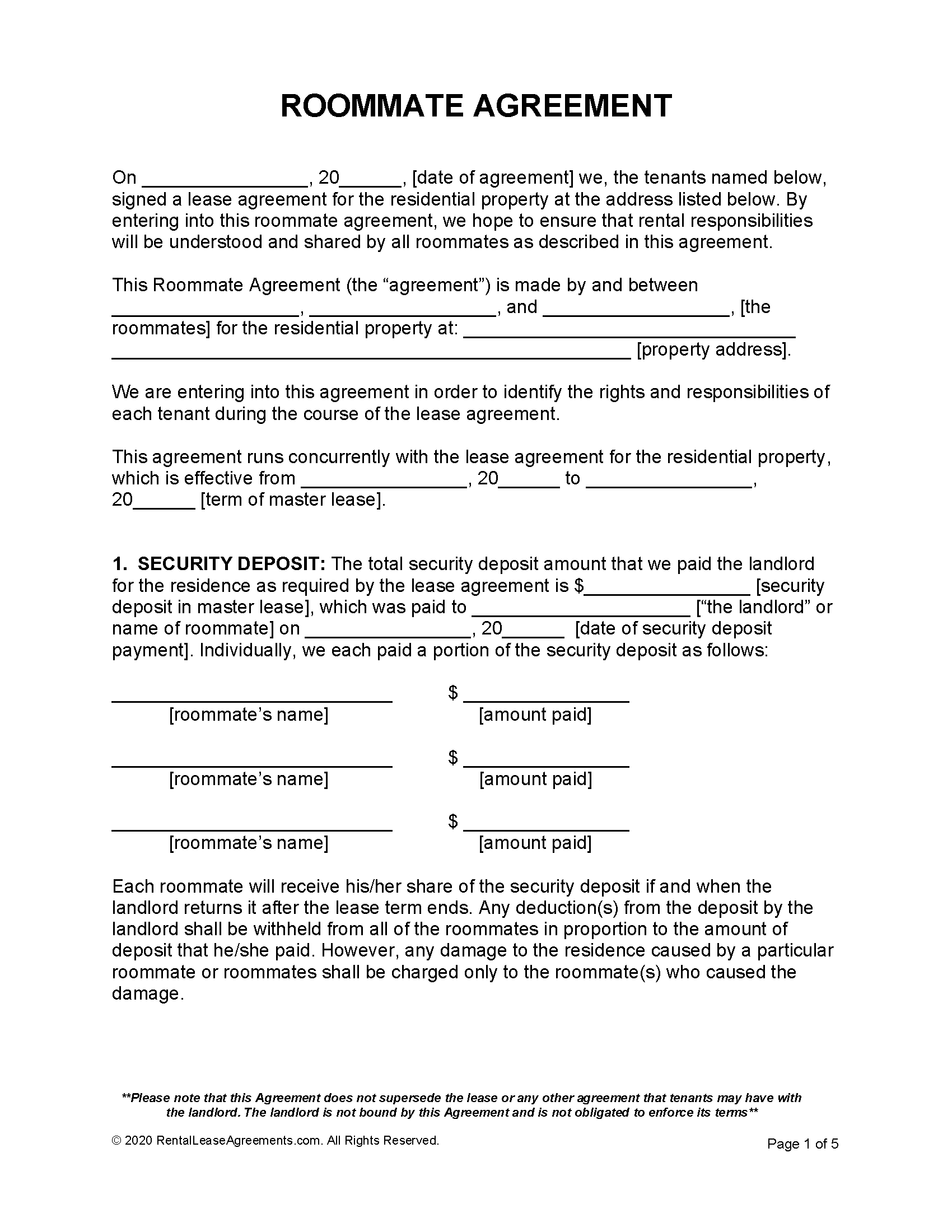 Free Roommate Agreement Template  PDF - Word In free roommate rental agreement template
