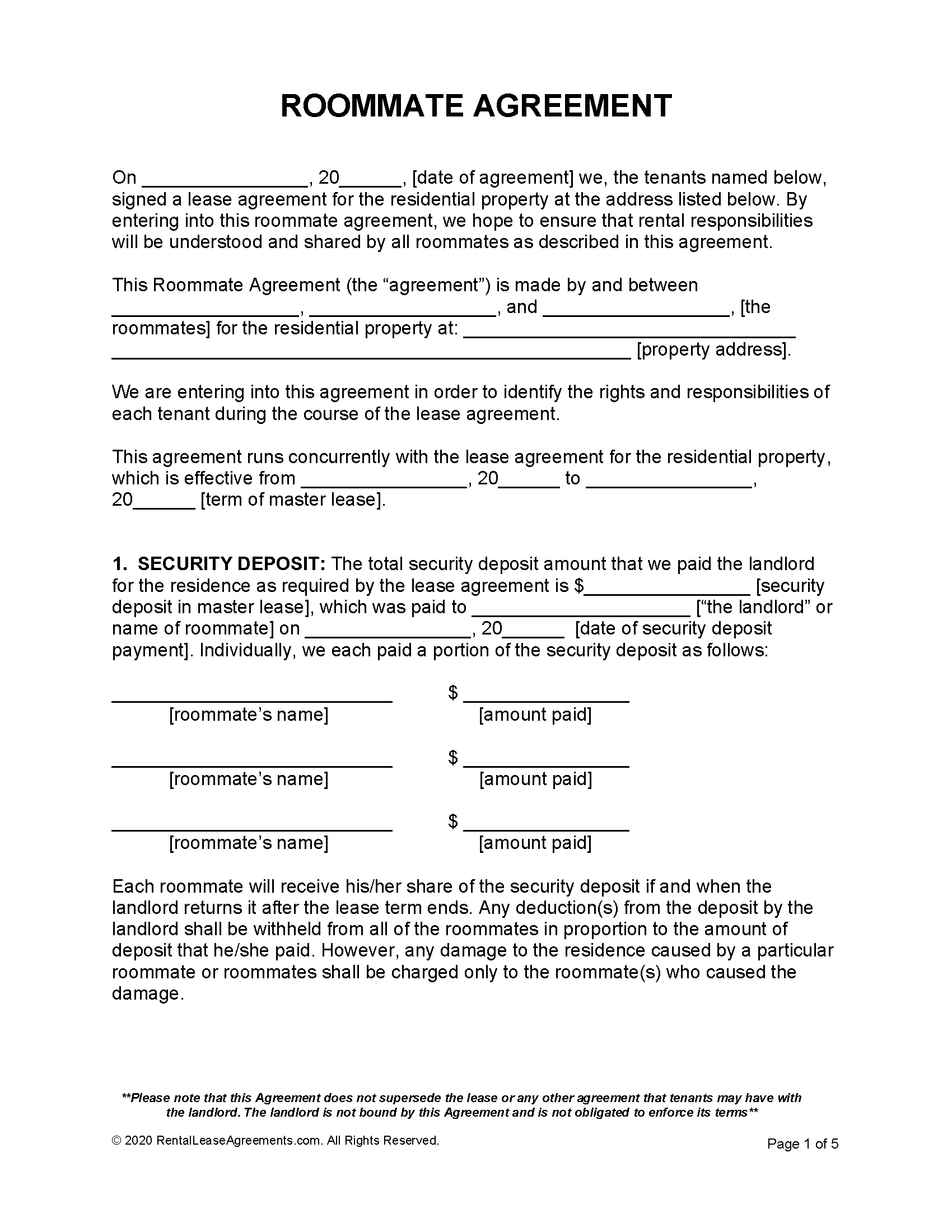 Free Roommate Agreement Template  PDF - Word