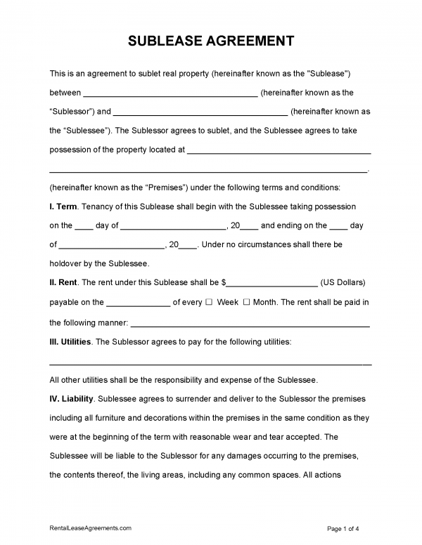 free sublease agreement template pdf word