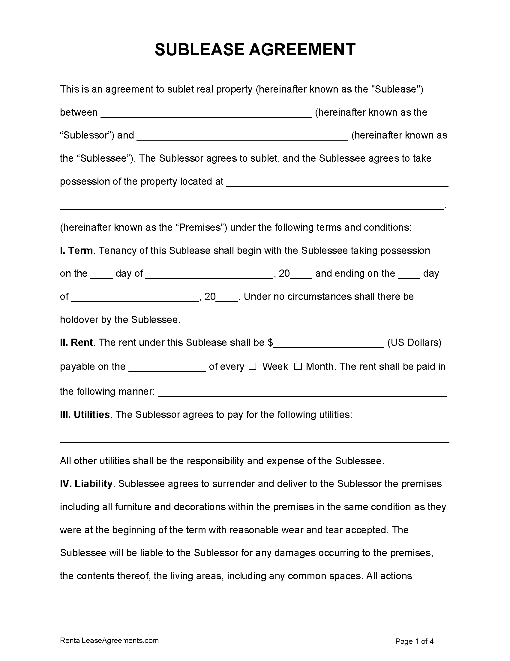 Free Sublease Agreement Template  PDF - Word Inside commercial kitchen rental agreement template